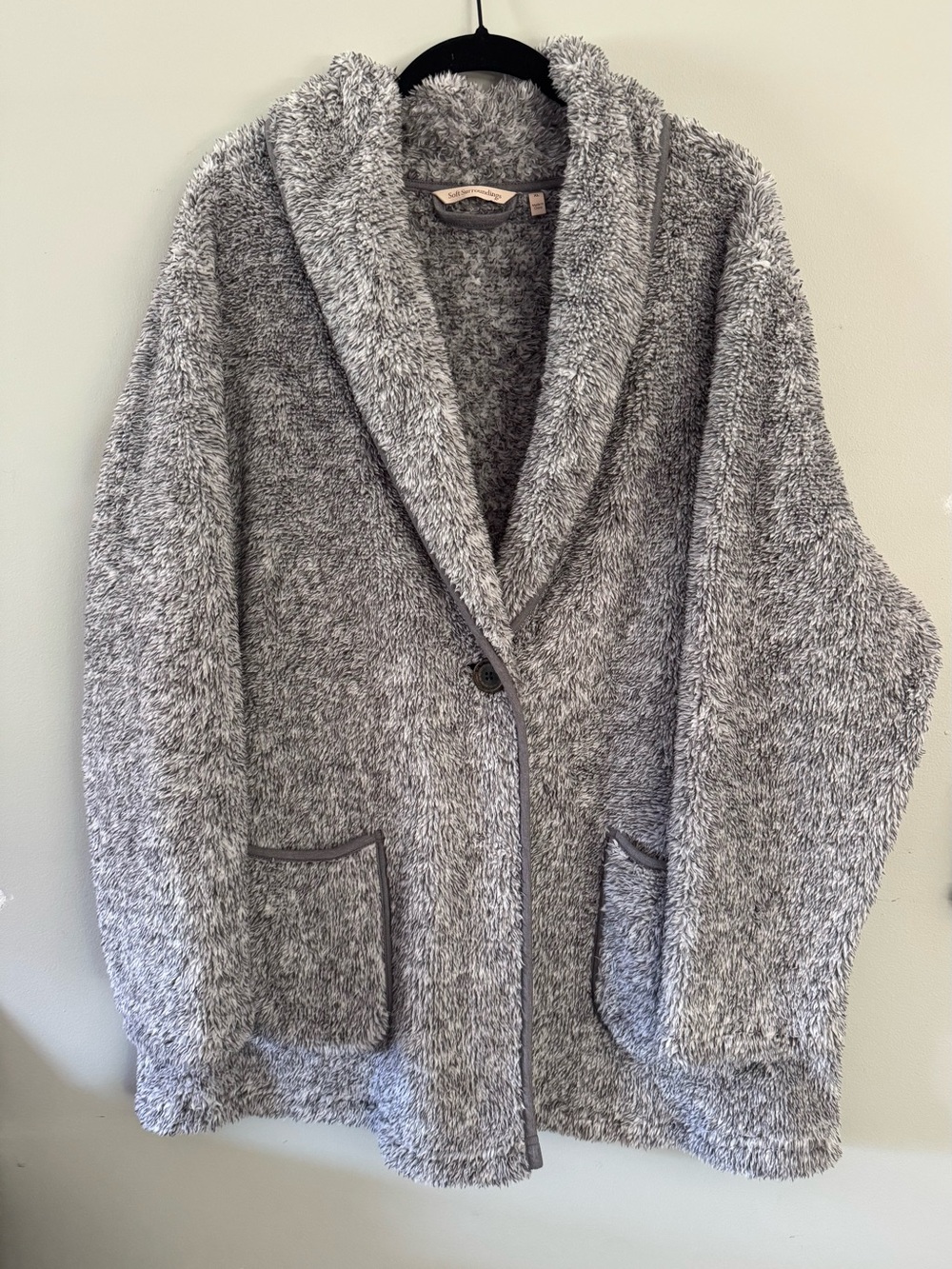 Soft Surroundings Gray Fuzzy Fleece Button-Front Jacket Cozy Cardigan Size XL